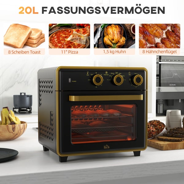 HOMCOM Minibackofen 20L, 5 in 1 Pizza-Ofen inkl. Backblech Set, 1 Std. Timer, 90-230℃, 1400 W, 36L x 37,7B x 34,5H cm, Stahl, Hartglas, Edelstahl, Metall, Schwarz