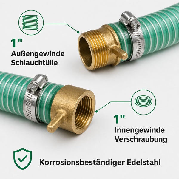 Pumpenschlauch mit 1 Zoll Außengewinde Schlauchtülle und 1 Zoll Innengewinde Verschraubung aus korrosionsbeständigem Edelstahl.