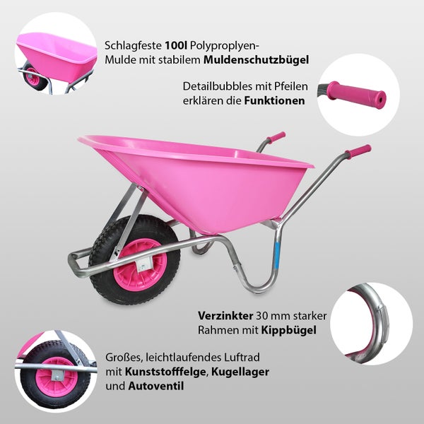 Schubkarre mit Polypropylenmulde, verzinktem Rahmen, Kippbügel und Luftrad