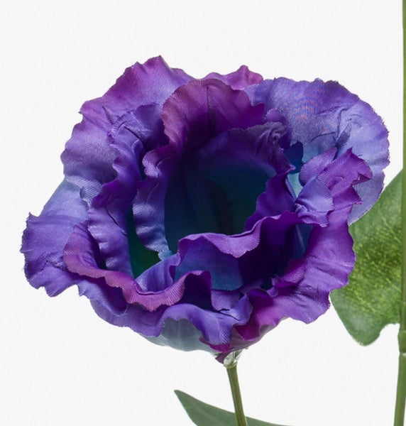 Künstliche violette Lisianthus-Blüte mit grünem Stiel und Blatt.