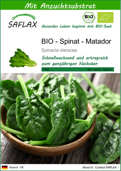 SAFLAX  - BIO - Spinat - Matador - Spinacia oleracea - 300 Samen - Mit keimfreiem Anzuchtsubstrat