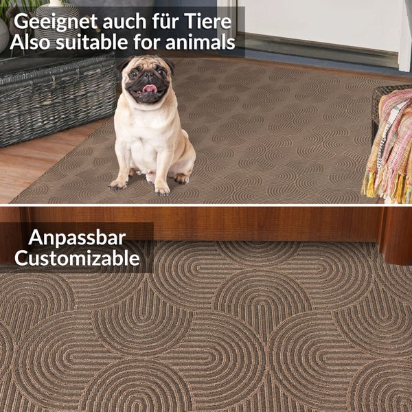 Fußmatte mit Kreisdesign und Mops. Die Fußmatte ist auch für Tiere geeignet und anpassbar.