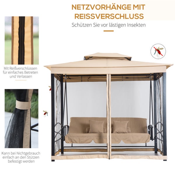 Outsunny Hollywoodschaukel Gartenschaukel Schaukel mit Seitenwänden 3-Sitzer Beige 256 x 172 x 248 cm