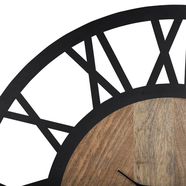 WOMO-DESIGN | Große Wanduhr Nibelheim Ø 60 cm rund, Unikat, handgefertigt aus Eisen und Mangoholz, Vintage-Stil, Schwarz-Natur, Lautlos, ohne Tickgeräusche, Designuhr Dekouhr Dekorative Uhr Design Uhr