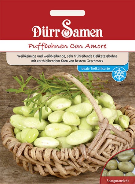 Dürr Samen Logo auf einer Samentüte für Puffbohnen Con Amore mit Ackerbohnen in einem Weidenkorb und einem Symbol für die Eignung zum Einfrieren.