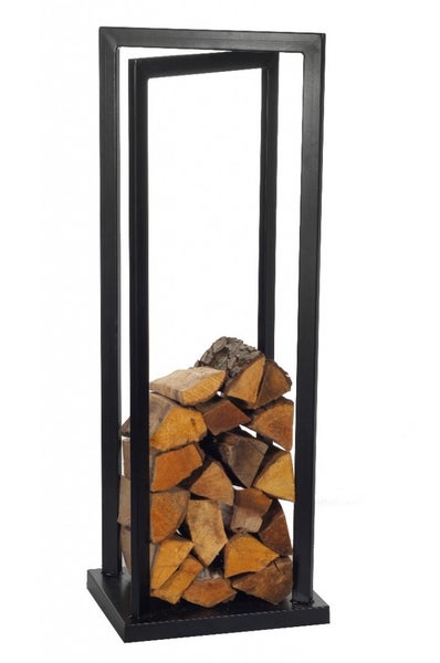 Brennholzregal aus Metall mit Holzscheiten
