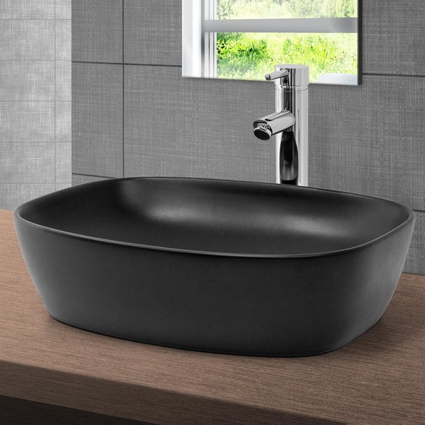 ML-Design Waschbecken aus Keramik Schwarz 505x385x140 mm mit Ablaufgarnitur, Abgerundeten Ecken, Aufsatzwaschbecken, Moderne Waschtisch Waschschale Waschplatz Handwaschbecken, für Badezimmer/Gäste-WC