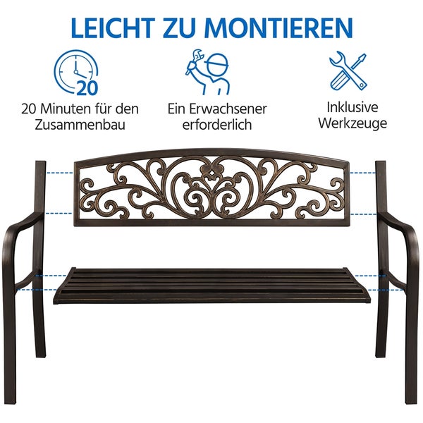 Gartenbank mit Montagehinweisen: einfache Montage, Montagezeit 20 Minuten, eine Person für die Montage erforderlich, inklusive Werkzeuge