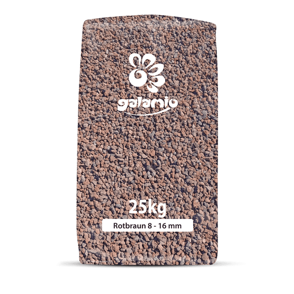 Galamio Lavamulch rotbraun im 25 Kilogramm Sack, Körnung 8 bis 16 Millimeter.