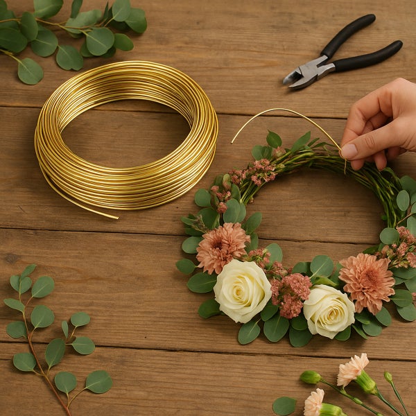 Basteln eines Blumenkranzes mit goldenem Aluminiumdraht, Seitenschneider, Rosen und Eukalyptus auf Holz.