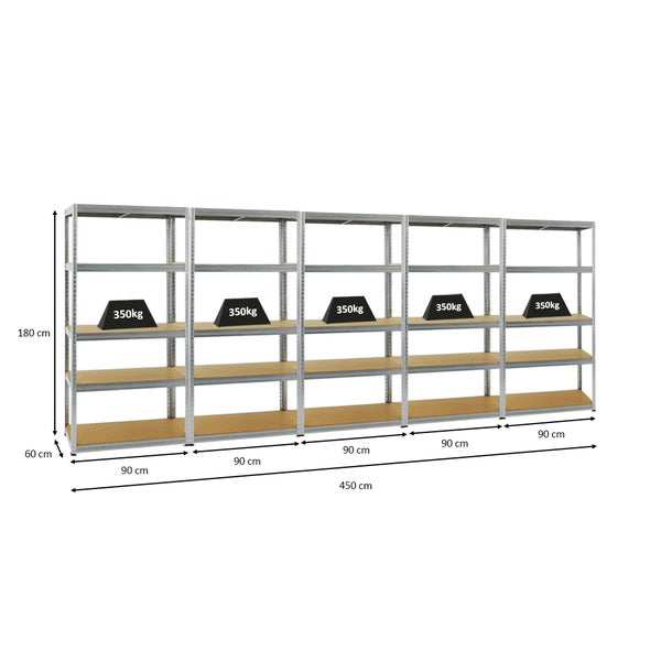 PROREGAL Mega Deal 5x Schwerlastregal Slim Elephant M HxBxT 180 x 90 x 60 cm 5 Ebenen Fachlast 350 kg Verzinkt