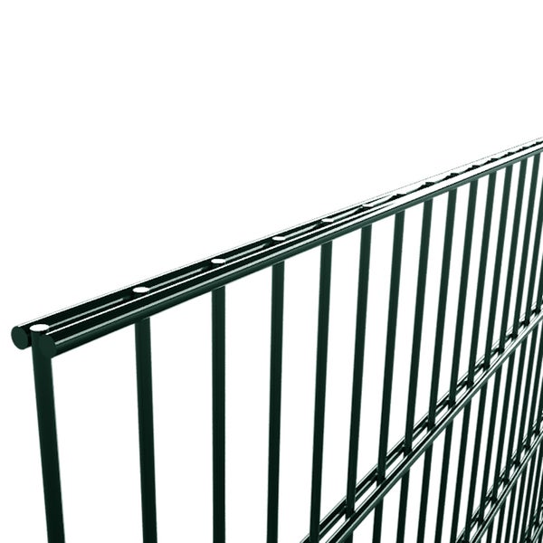Doppelstabmattenzaun in Dunkelgrün, Detailansicht der oberen Gitterkante.