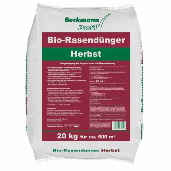 Beckmann Bio Rasendünger Herbst, 20 Kilogramm Sack für etwa 500 Quadratmeter Rasenfläche zur Regeneration und Überwinterung.