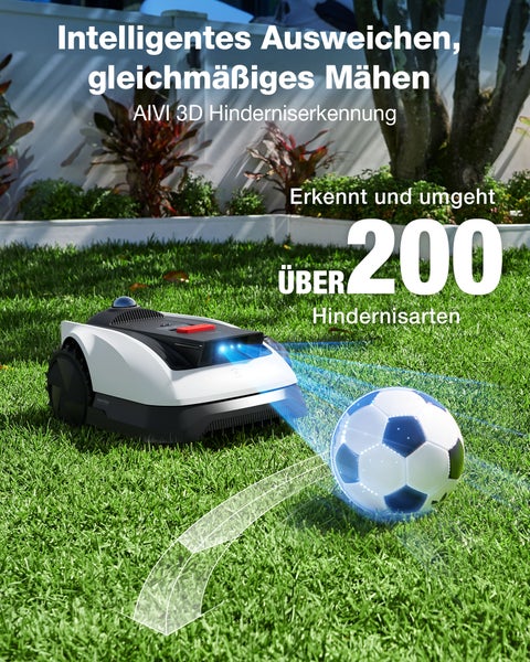 Mähroboter mit dreidimensionaler Hinderniserkennung beim Umfahren eines Fußballs auf einer Rasenfläche.