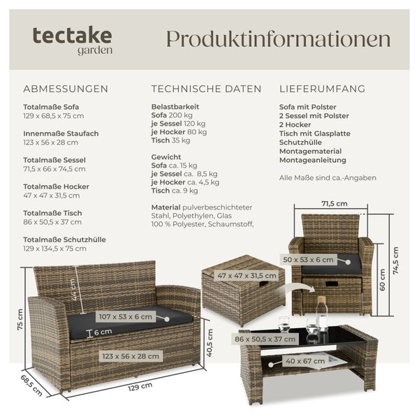 Rattan Sitzgruppe tectake Modena inklusive Staufach und Schutzhülle für 4 bis 6 Personen natur