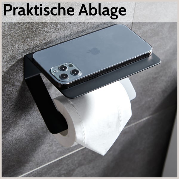 DEKAZIA® Toilettenpapierhalter ohne Bohren schwarz | Klopapierhalter ohne Bohren | Klorollenhalter ohne Bohren Klopapierhalter schwarz Toilettenpapierhalter schwarz matt WC Papier Halterung mit Ablage