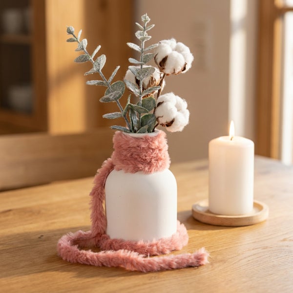 Dekorative Vase mit Kunstfellbesatz, bestückt mit Baumwollzweigen, neben einer brennenden Stumpenkerze auf einem hölzernen Esstisch.