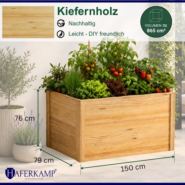 Haferkamp Hochbeet aus Kiefernholz mit den Maßen 150 mal 79 mal 76 Zentimeter, bepflanzt mit Gemüse auf einer Terrasse.