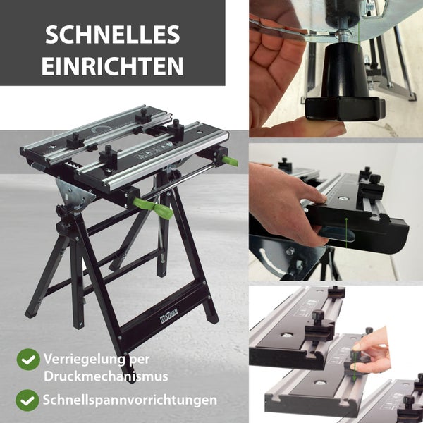Trutzholm Werkbank mit Schnellspannvorrichtungen und verstellbaren Arbeitsplatten zur einfachen Handhabung und flexiblen Fixierung von Werkstücken.