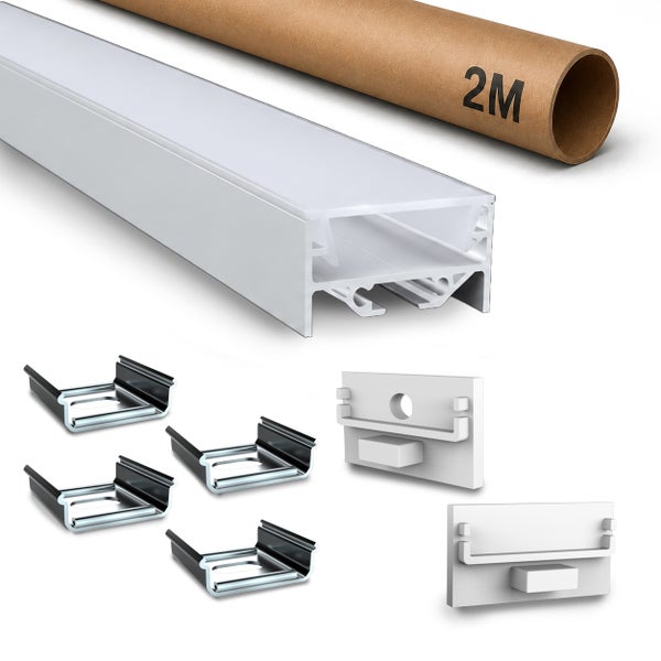 LED Aluminiumprofil Set mit 2 Meter Schiene, Diffusor, Montageklammern und Endkappen für LED Streifen