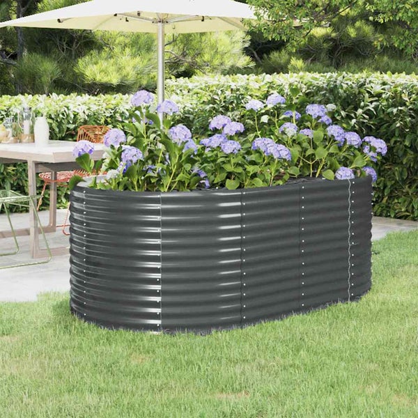 Rundes Hochbeet aus anthrazitfarbenem Wellblech, stabiles Metallbeet für den Garten.