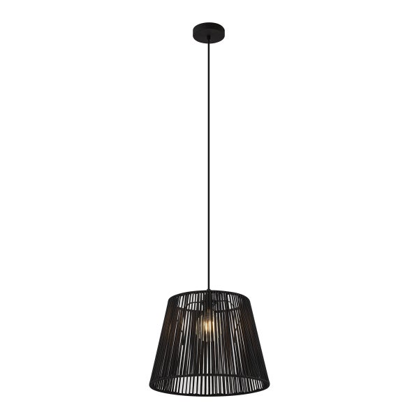 Schwarze Pendelleuchte mit konischem Schirm aus Kordelgeflecht und sichtbarem Leuchtmittel.