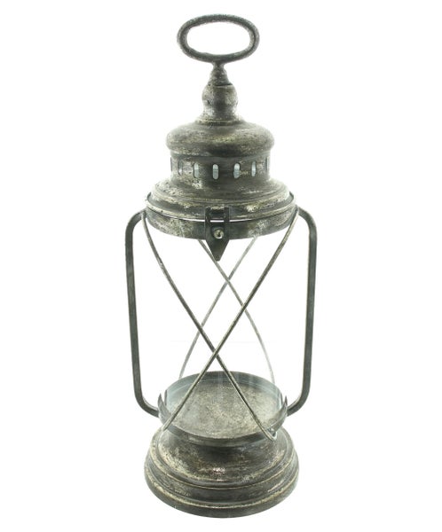 Dekorative Laterne aus Metall und Glas im Vintage-Stil mit Tragegriff.