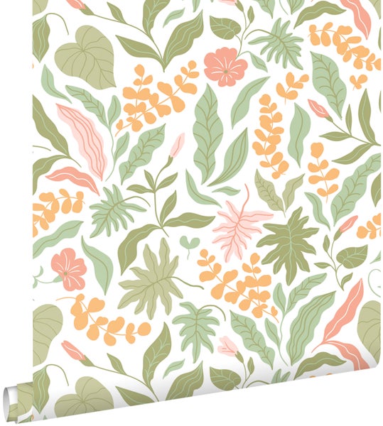 ESTAhome Tapete Blätter und Blumen Grün, Rosa und Orange - 50 x 900 cm - 131048