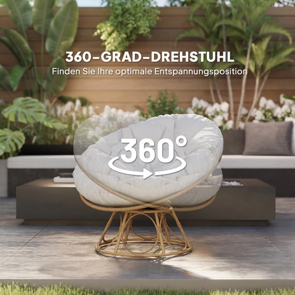 Outsunny Papasansessel Rattan 360° drehbar Korbsessel mit Sitzkissen Durchmesser 120 cm runder Outdoor Rattansessel Drehsessel Loungesessel Liegesessel für Wohnzimmer Garten Balkon Hellgrau