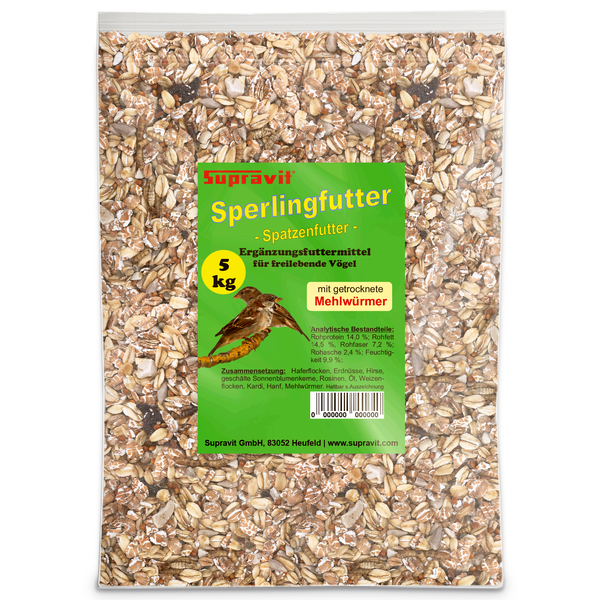 Supravit Sperlingfutter im 5 Kilogramm Beutel, ein Ergänzungsfuttermittel für freilebende Vögel mit getrockneten Mehlwürmern.