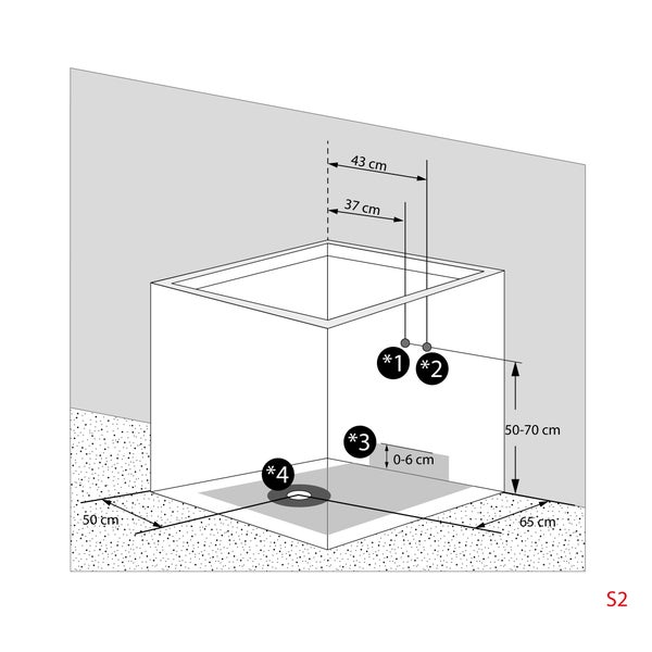Installationsdiagramm einer Duschwanne mit Maßangaben