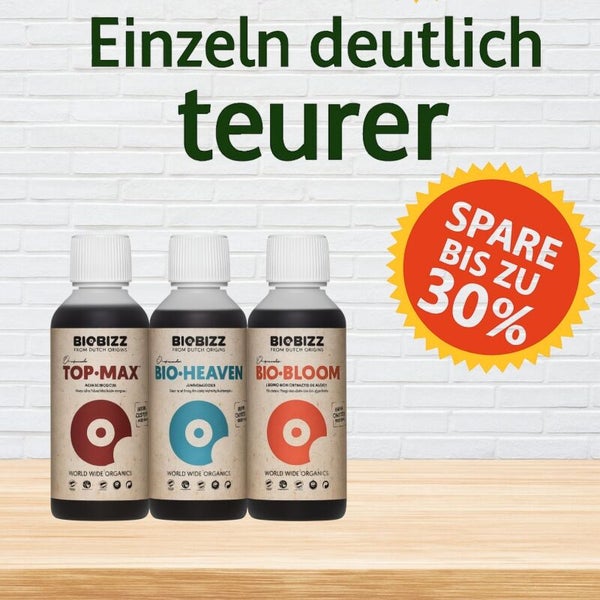 Drei Flaschen Biobizz Pflanzendünger Top-Max, Bio-Heaven und Bio-Bloom mit der Information Spare bis zu 30 Prozent.
