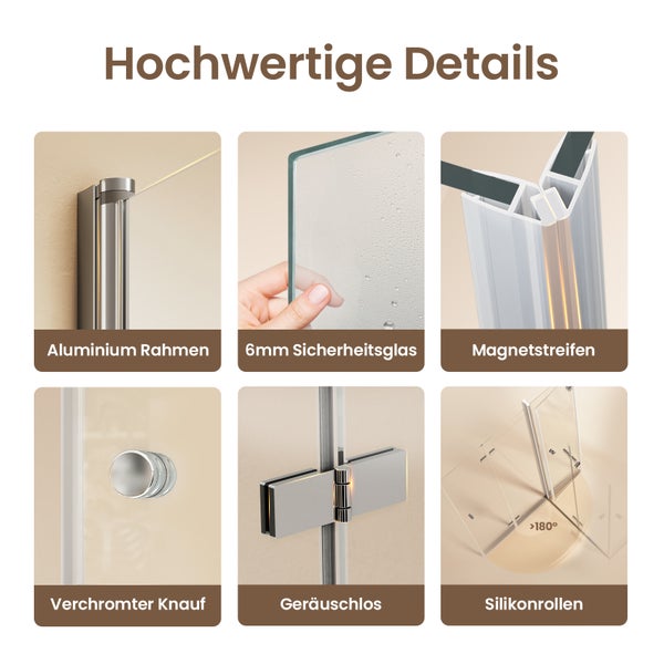 EMKE Duschkabine Eckeinstieg 75x80 cm, 6 mm ESG-Nano-Glas, Doppelfalttür mit Hebe-Senk-Scharnieren, Höhe 185 cm, mit Wandprofil, spritzwassergeschützt, links/rechts montierbar, für Badezimmer