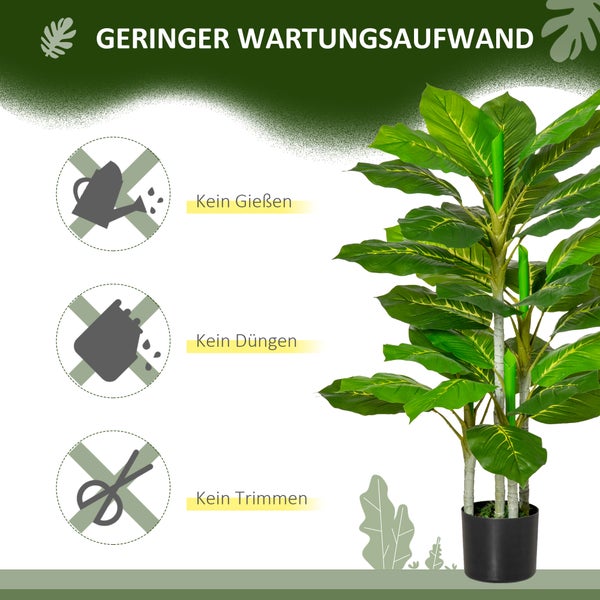 Künstliche Pflanze im schwarzen Topf mit Hinweisen zu geringem Wartungsaufwand: kein Gießen, kein Düngen und kein Trimmen erforderlich.