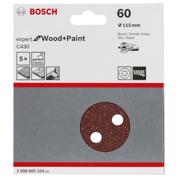 Bosch Schleifpapier Expert Wood plus Paint, Körnung 60, Durchmesser 115 Millimeter