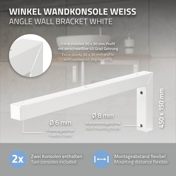 ML-Design 2er Set Wandkonsole Winkel L-Form für Waschtisch, 450x150 mm, Weiß, Stahl, Design Waschtischhalterung, Wandhalterung für Waschtischplatte Waschbecken, Konsolenträger Regalträger Regalhalter