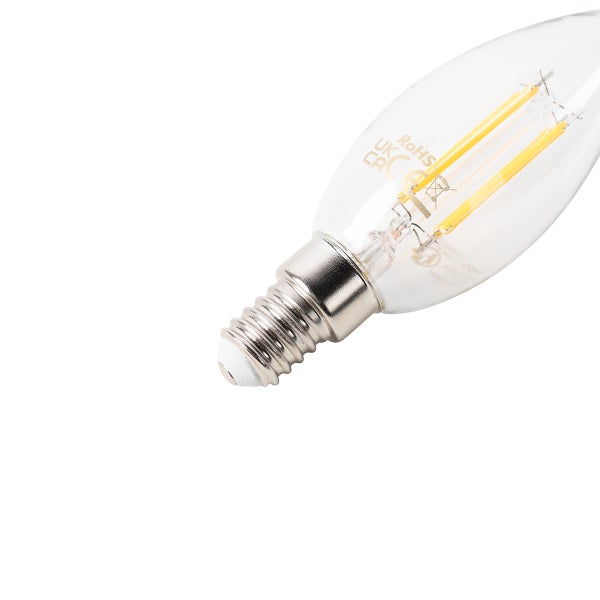 LED-Filament-Leuchtmittel in Kerzenform mit klarem Glas, E14-Sockel und sichtbaren LED-Fäden.
