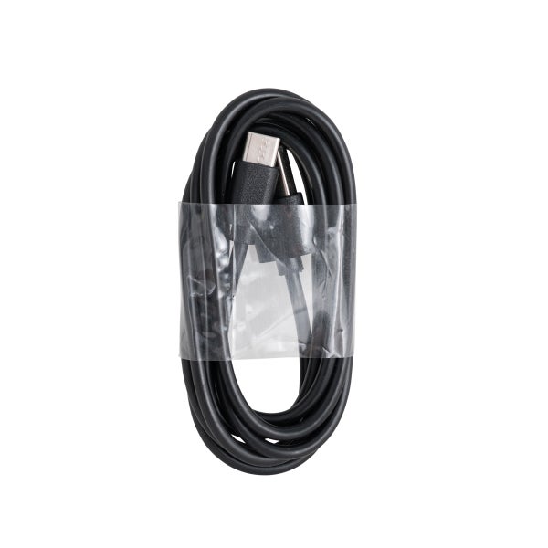 Aufgerolltes schwarzes USB-C-Kabel aus Kunststoff.