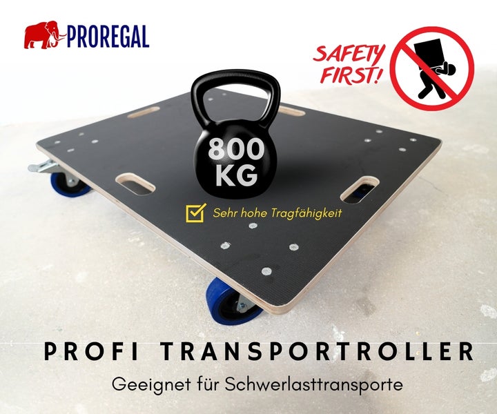 PROREGAL Logo, Profi-Transportroller aus Holz für Schwerlasttransporte mit einer Tragfähigkeit von 800 Kilogramm.