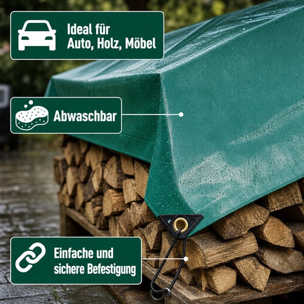 Wetterfeste Gewebeplane zum Schutz von Holz, Auto und Möbeln mit abwaschbarer Oberfläche und robuster Befestigungsöse mit Gummizug.