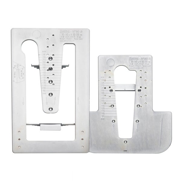 Arunda Schablonen Set N 80 B aus Metall zur Herstellung von Holzverbindungen mit Skalierung.