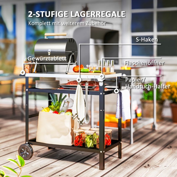 Outsunny Grillwagen 3-Etagen Servierwagen mit Arbeitsfläche Griffe Hülle Räder, höhenverstellbar BBQ Grilltisch Edelstahl, Grill Beistelltisch, Outdoor Rollwagen für Garten Grill 100x52x80cm Schwarz