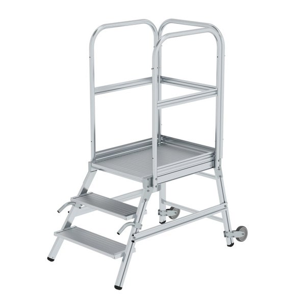 PROREGAL Podesttreppe Einseitig Begehbar Mit Rollen und Griffen Aluminium Geriffelt 3 Stufen Rutschsichere Leiterschuhe