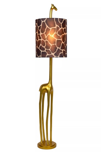 Stehlampe in Form einer goldenen Giraffe mit Lampenschirm im Tiermuster
