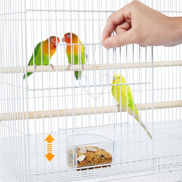 Vogelkäfig mit Futterspender und Vögeln