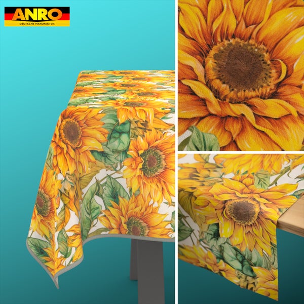 Tischdecke mit Sonnenblumenmuster, ANRO Logo und Detailansichten der Materialoberfläche sowie der Kantenverarbeitung.