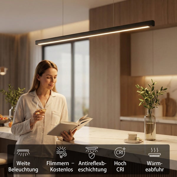 Moderne schwarze lineare LED-Pendelleuchte über Kücheninsel, Funktionen: weite Beleuchtung, flimmerfrei, hohe Farbwiedergabe, Wärmeabfuhr.