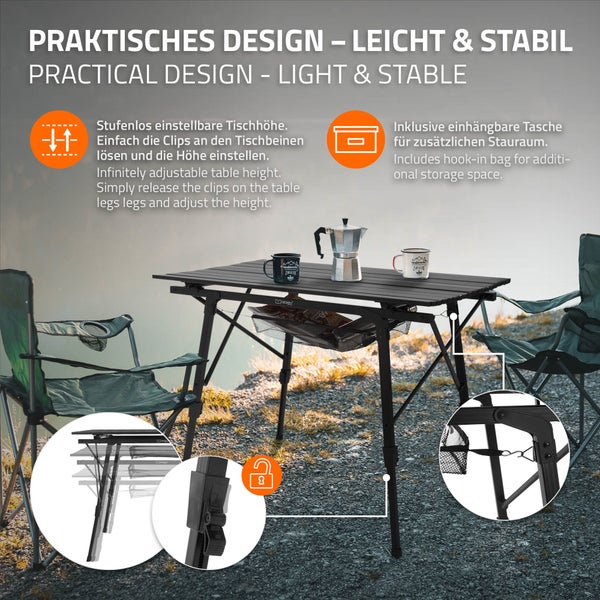 ML-Design Campingtisch faltbar Schwarz, 90x51,5cm, Aluminium Klapptisch höhenverstellbar 46-66,5 cm, Belastbarkeit 30kg, Aufrollbare Tischplatte, Falttisch klappbar, Gartentisch Balkontisch Reisetisch