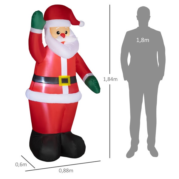 Outsunny Aufblasbar Weihnachtsdeko, 1,84 m Weihnachtsmann mit LED-Beleuchtung, Gartendeko, Selbstaufblasende Weihnachtsbeleuchtung für Innen- und Außenbereich
