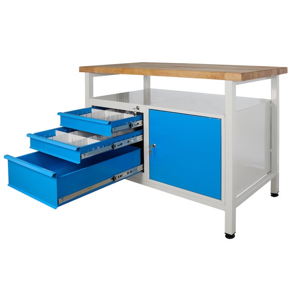 PROREGAL Werkbank Rhino mit Ablagefläche 3 Schubladen 1 Tür HxBxT 84 x 120 x 60 cm Traglast 300 kg Lichtgrau Blau